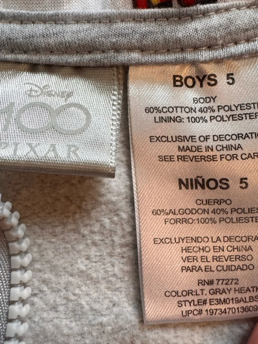 Disney 100 Pixar Boys Gray Zip Up Hoodie Monsters Inc Up Carl Sulley Mike Size 5